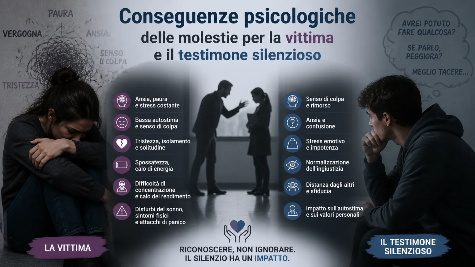 Conseguenze psicologiche delle molestie per la vittima e il testimone silenzioso