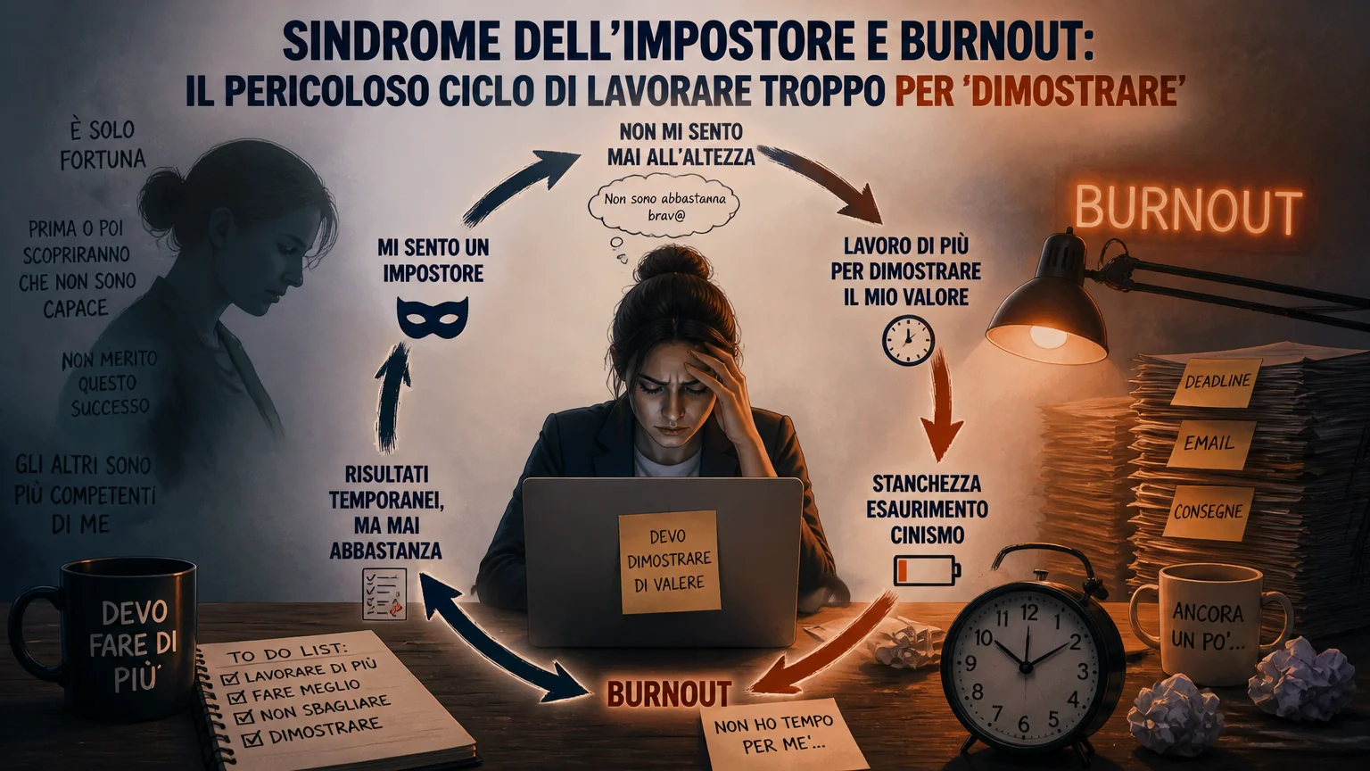 Sindrome dell'impostore e burnout: il pericoloso ciclo di lavorare troppo per 'dimostrare - sindrome impostore